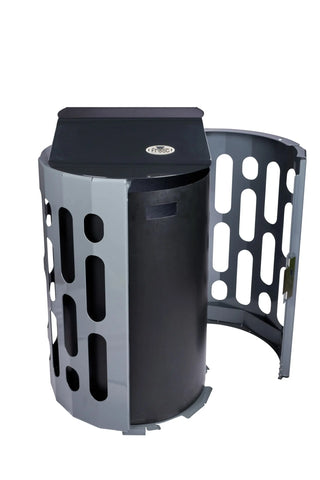 Frost 2020-BLACK Stingray outdoor steel waste receptacle with black lid, grey body, and heavy-duty polyethylene liner for commercial outdoor spaces.