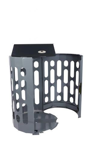 Frost 2020-BLACK Stingray outdoor steel waste receptacle with black lid, grey body, and heavy-duty polyethylene liner for commercial outdoor spaces.