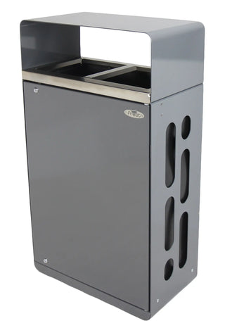Frost 2021 indoor and outdoor dual-stream waste and recycling receptacle with brushed stainless steel waste inlets, grey powder-coated steel body, and two removable liners.