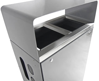 Frost 2021 indoor and outdoor dual-stream waste and recycling receptacle with brushed stainless steel waste inlets, grey powder-coated steel body, and two removable liners.