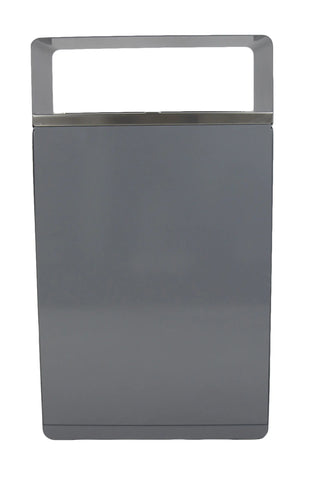 Frost 2021 indoor and outdoor dual-stream waste and recycling receptacle with brushed stainless steel waste inlets, grey powder-coated steel body, and two removable liners.