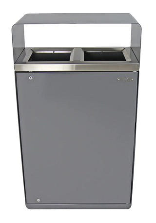 Frost 2021 indoor and outdoor dual-stream waste and recycling receptacle with brushed stainless steel waste inlets, grey powder-coated steel body, and two removable liners.