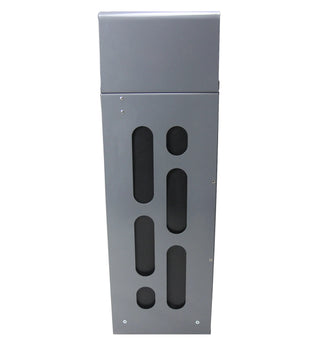 Frost 2021 indoor and outdoor dual-stream waste and recycling receptacle with brushed stainless steel waste inlets, grey powder-coated steel body, and two removable liners.