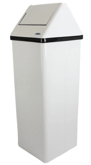 Frost 300-NL free-standing white steel swing top waste receptacle with concealed waste opening and durable commercial construction.