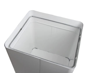 Frost 301 Series free-standing swing top waste receptacle available in white epoxy-coated steel and brushed stainless steel finishes for commercial facilities.