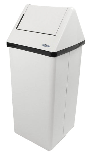 Frost 301 Series free-standing swing top waste receptacle available in white epoxy-coated steel and brushed stainless steel finishes for commercial facilities.