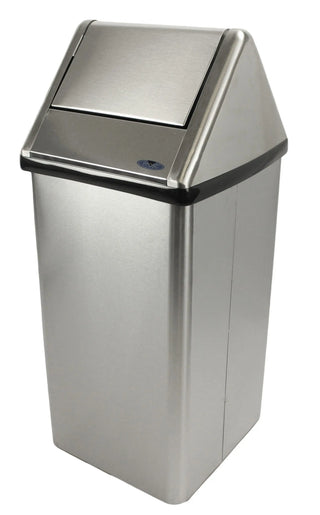 Frost 301 Series free-standing swing top waste receptacle available in white epoxy-coated steel and brushed stainless steel finishes for commercial facilities.