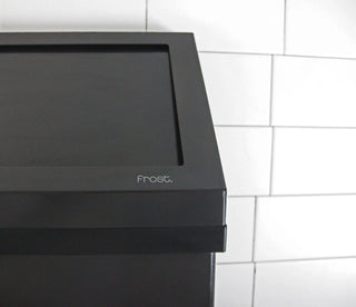Frost 303 Series wall mounted commercial waste receptacles available in white epoxy, matte black, and brushed stainless steel finishes with bag holder or galvanized liner options.