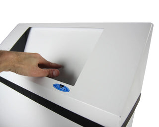 Frost 304 Series wall mounted waste receptacle available in white epoxy-coated steel and Type 304 brushed stainless steel finishes for commercial facilities.