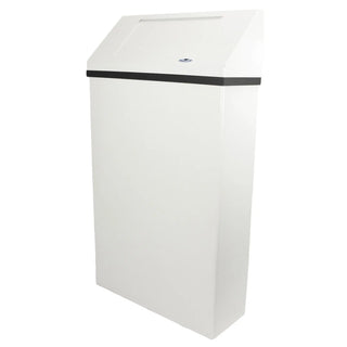 Frost 304 Series wall mounted waste receptacle available in white epoxy-coated steel and Type 304 brushed stainless steel finishes for commercial facilities.