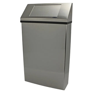 Frost 304 Series wall mounted waste receptacle available in white epoxy-coated steel and Type 304 brushed stainless steel finishes for commercial facilities.