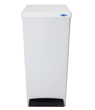 Frost 305 foot operated waste receptacle with hands-free pedal operation, white epoxy-coated steel body, plastic liner, and soft-closing lid.