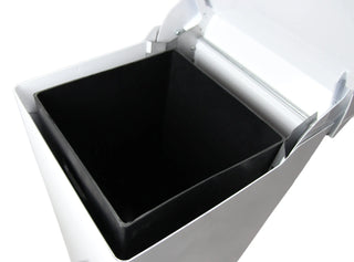 Frost 305 foot operated waste receptacle with hands-free pedal operation, white epoxy-coated steel body, plastic liner, and soft-closing lid.