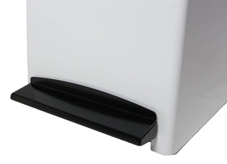 Frost 305 foot operated waste receptacle with hands-free pedal operation, white epoxy-coated steel body, plastic liner, and soft-closing lid.