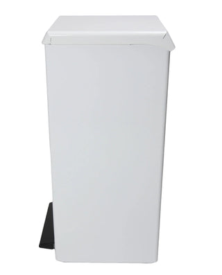 Frost 305 foot operated waste receptacle with hands-free pedal operation, white epoxy-coated steel body, plastic liner, and soft-closing lid.