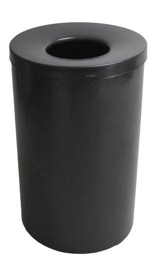 Frost 310 Series lobby waste receptacle available in white powder-coated steel, matte black, and Type 304 brushed stainless steel finishes for commercial facilities.