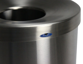 Frost 310-J jumbo architectural stand alone waste receptacle with Type 304 brushed stainless steel construction for high-traffic commercial facilities.