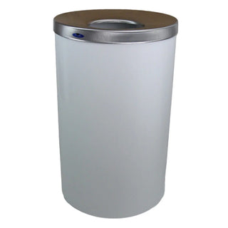 Frost 310 Series lobby waste receptacle available in white powder-coated steel, matte black, and Type 304 brushed stainless steel finishes for commercial facilities.