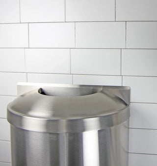 Frost 312-S wall mounted indoor/outdoor stainless steel waste receptacle with plastic liner and bag holder apparatus.