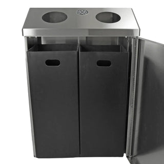 Frost 315-S stainless steel wall mount recycling station with dual polyethylene liners and interchangeable recycling labels for commercial facilities.