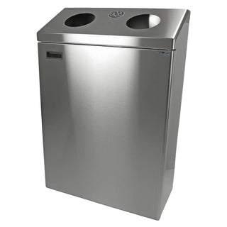 Frost 315-S stainless steel wall mount recycling station with dual polyethylene liners and interchangeable recycling labels for commercial facilities.