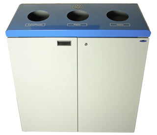 Frost 316 Series floor standing recycling station with three removable polyethylene liners, available in epoxy-coated steel and brushed stainless steel finishes.