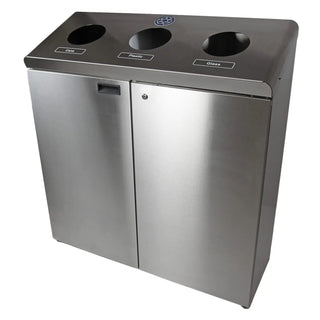 Frost 316 Series floor standing recycling station with three removable polyethylene liners, available in epoxy-coated steel and brushed stainless steel finishes.