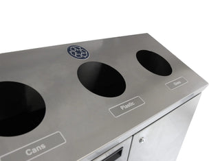 Frost 316 Series floor standing recycling station with three removable polyethylene liners, available in epoxy-coated steel and brushed stainless steel finishes.