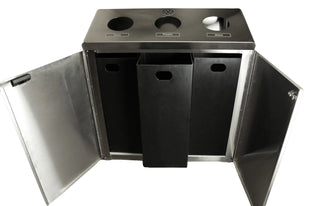 Frost 316 Series floor standing recycling station with three removable polyethylene liners, available in epoxy-coated steel and brushed stainless steel finishes.