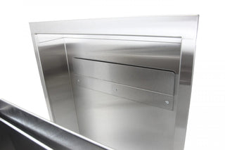 Frost 330 semi-recessed wall mounted waste receptacle with Type 304 brushed stainless steel construction for commercial facilities.