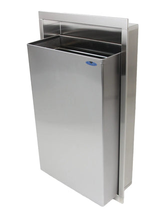 Frost 330 semi-recessed wall mounted waste receptacle with Type 304 brushed stainless steel construction for commercial facilities.
