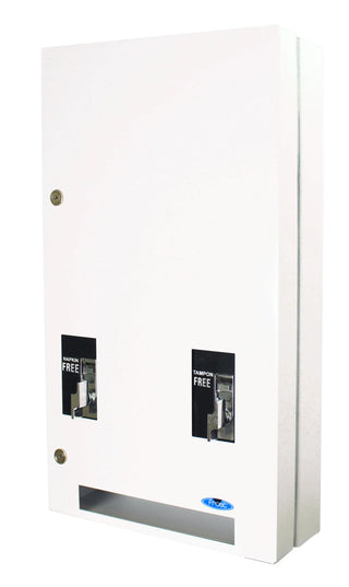 Frost 608-1-FREE surface mounted double napkin and tampon vendor with free operation and white epoxy powder-coated steel finish.
