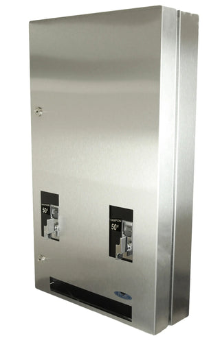 Frost 608-3-0.50 surface mounted stainless steel double napkin and tampon vendor with $0.50 coin operation.
