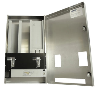 Frost 608-3-FREE surface mounted stainless steel double napkin and tampon vendor with free operation.
Frost 608-3-0.50 surface mounted stainless steel double napkin and tampon vendor with $0.50 coin operation.