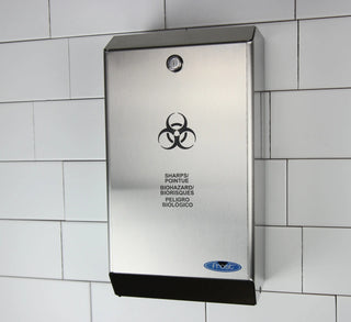 Frost 878 stainless steel biomedical sharps disposal with a locking front door and included 4 L sharps container for healthcare facilities.