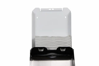 Wall-mounted Frost universal paper towel dispenser with brushed stainless steel front, keyed lock, and slim commercial design.