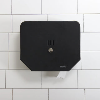 Brushed stainless steel and matte black Frost universal jumbo toilet tissue dispensers for commercial restroom wall installation.