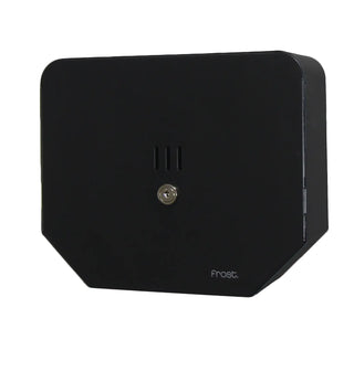 Brushed stainless steel and matte black Frost universal jumbo toilet tissue dispensers for commercial restroom wall installation.