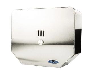 Brushed stainless steel and matte black Frost universal jumbo toilet tissue dispensers for commercial restroom wall installation.