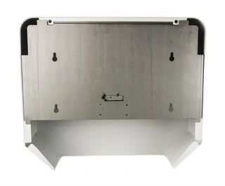 Frost universal jumbo toilet tissue dispenser available in brushed stainless steel and white powder-coated steel finishes for commercial restroom installation.
