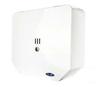 Frost universal jumbo toilet tissue dispenser available in brushed stainless steel and white powder-coated steel finishes for commercial restroom installation.