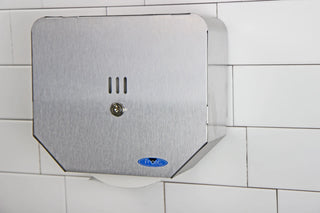 Frost universal jumbo toilet tissue dispenser available in brushed stainless steel and white powder-coated steel finishes for commercial restroom installation.