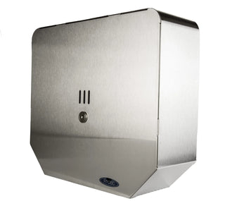 Frost universal jumbo toilet tissue dispenser available in brushed stainless steel and white powder-coated steel finishes for commercial restroom installation.