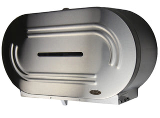 Frost universal jumbo double toilet tissue dispenser available in brushed stainless steel and white powder-coated steel finishes with dual-roll capacity.