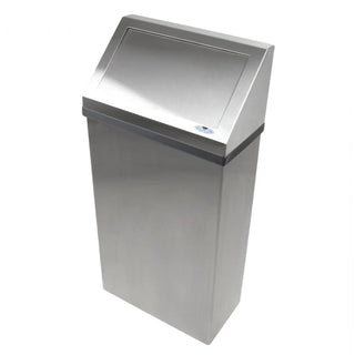 Frost 303 Series wall mounted commercial waste receptacles available in white epoxy, matte black, and brushed stainless steel finishes with bag holder or galvanized liner options.