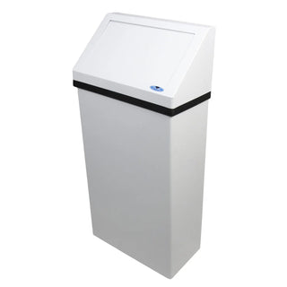 Frost 303 Series wall mounted commercial waste receptacles available in white epoxy, matte black, and brushed stainless steel finishes with bag holder or galvanized liner options.