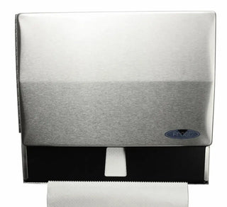 Wall-mounted Frost stainless steel universal manual paper towel dispenser with brushed stainless steel finish and front-loading access.