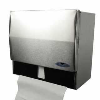 Wall-mounted Frost stainless steel universal manual paper towel dispenser with brushed stainless steel finish and front-loading access.