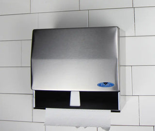 Wall-mounted Frost stainless steel universal manual paper towel dispenser with brushed stainless steel finish and front-loading access.