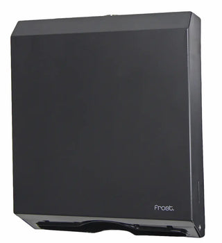 Matte black wall-mounted Frost universal paper towel dispenser with keyed lock, front-loading access, and slim steel construction.